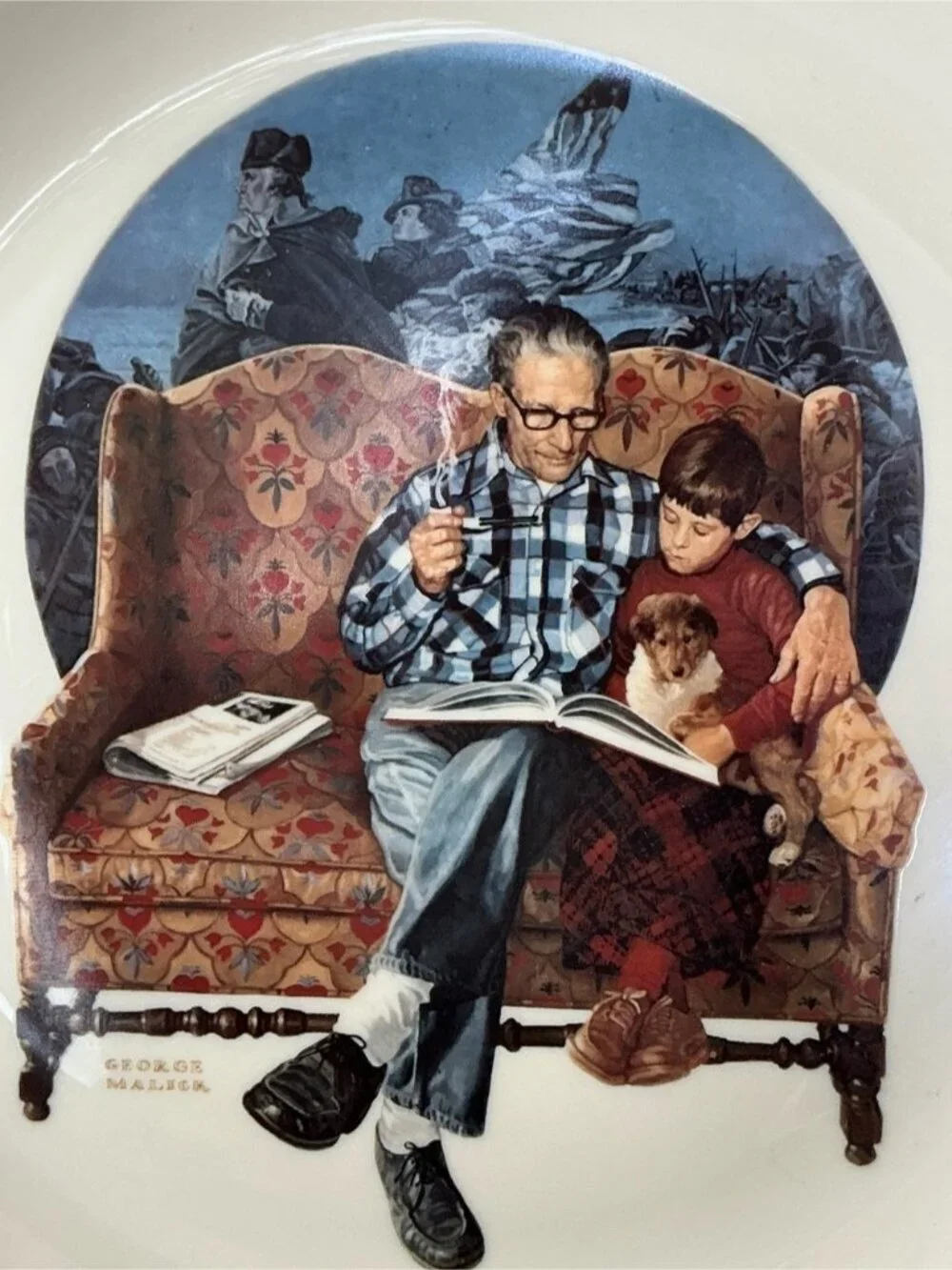 George Malick 1976 Bi Centennial Collector Plate Grandfather Reading to Child
